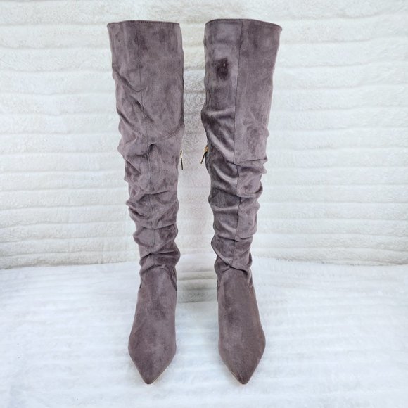 Autumn Pointy Toe Low Kitten Heel Slouchy Knee High Boots Taupe Faux Suede - Picture 6 of 10